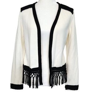 Chico's Alma Lace Blocked Cardigan Cream Black Open Front Boho Contrast Trim